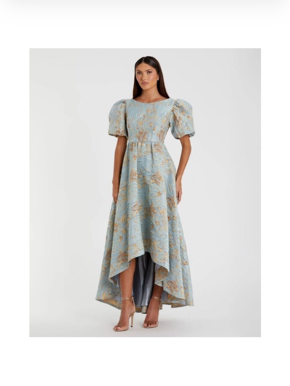 Mac Duggal Light Blue and Gold Puff-Sleeve High-Low Jacquard Gown